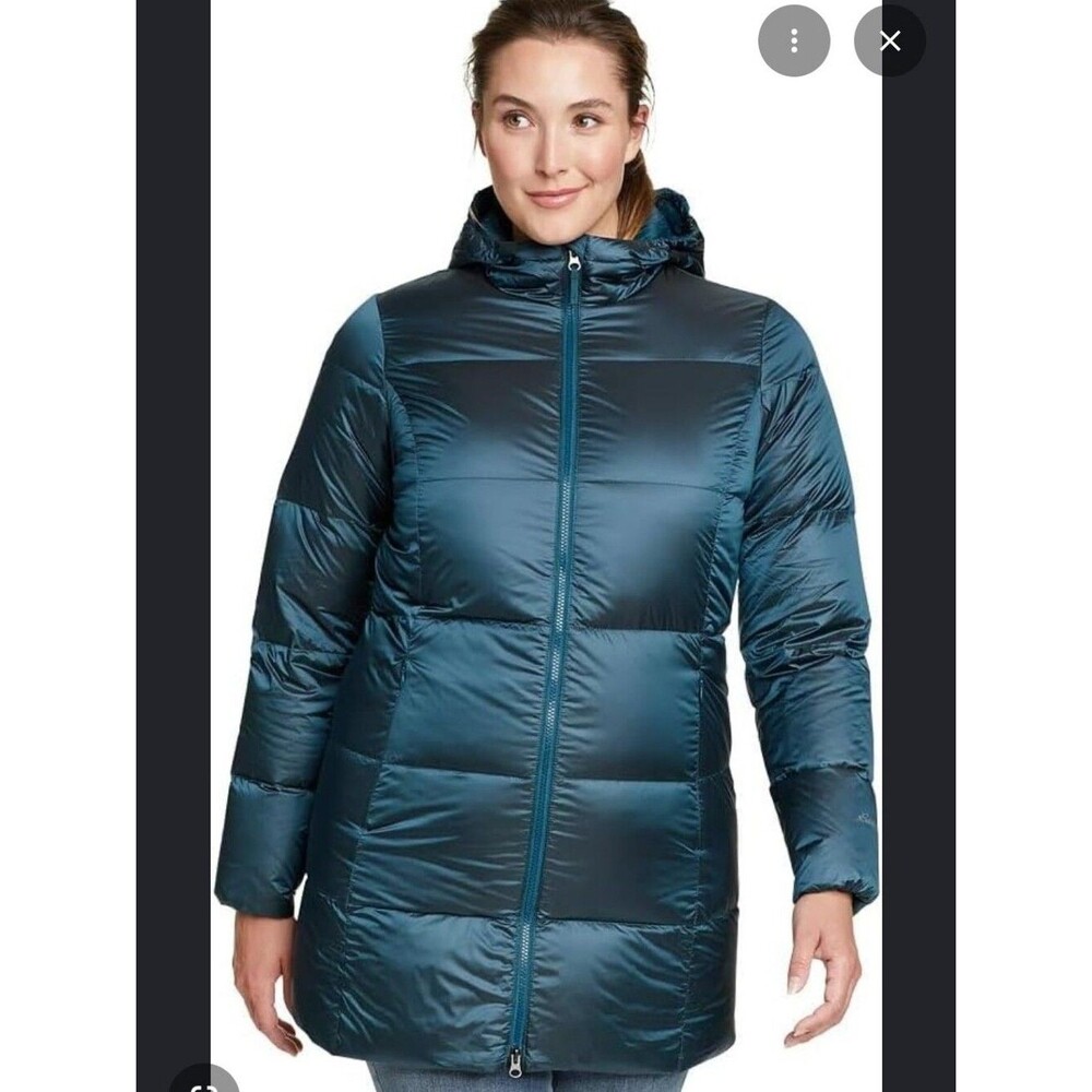 Eddie Bauer Luna Peak Long Hooded Puffer Coat Peacock Blue XL 550 Fill
